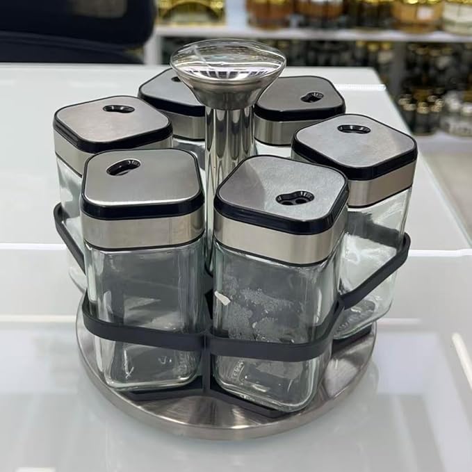 Rotating Spice Rack Organizer with 6 Glass Jars, Stainless Steel & Black Metal Stand, Space-Saving Countertop Spice Carousel, Modern Seasoning Storage Set for Kitchen, Home & Restaurant