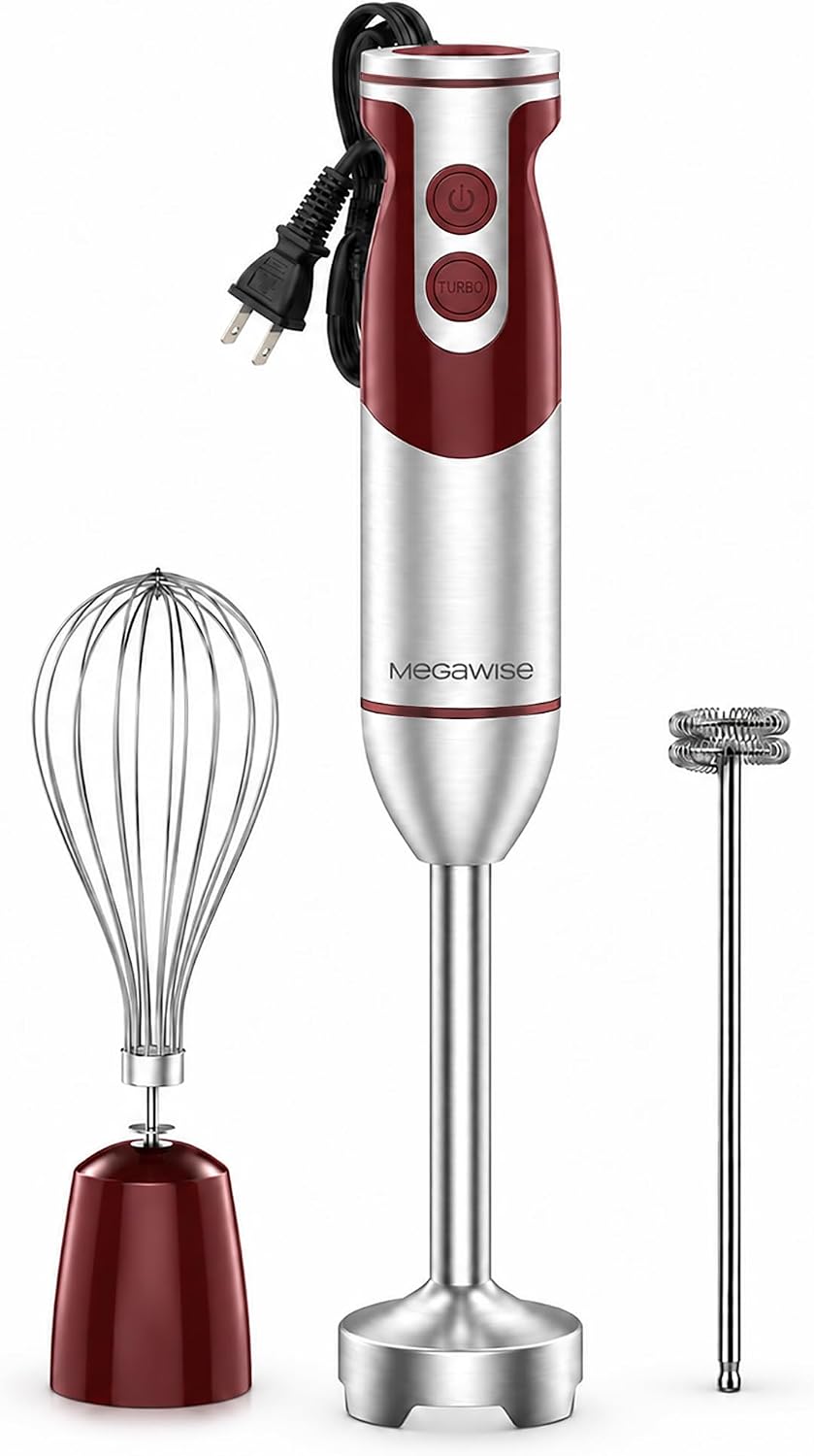 3-in-1 Hand Blender Set with Variable Speed Control, 400W Immersion Blender - Includes Whisk, Milk Frother, Chopper, and Beaker for Smoothies, Soups, and Baby Food (RED)
