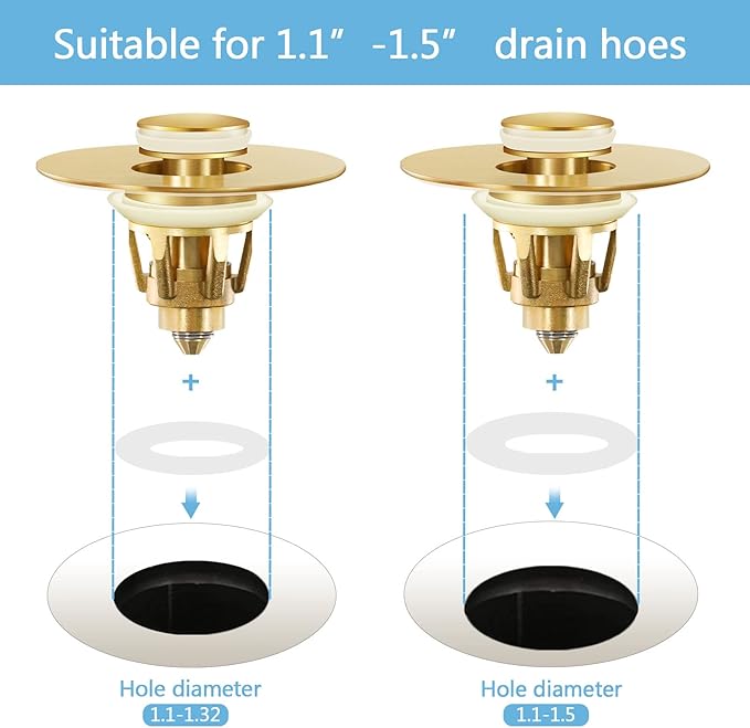 Gold Bathroom Sink Stopper – Pop Up Drain Stopper & Strainer, 2-in-1 Universal Sink Stopper, Compatible with 1.1" to 1.5" Bathroom Sink Drain Pipes, Gold Matte Brushed Finish