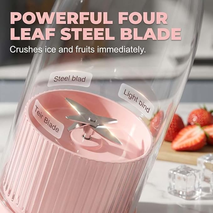 Portable Blender for Shakes and Smoothies, 2026 Upgrade Portable juicer with Travel Cup and Lid, Durable Stainless Steel Blades for Fresh Juice Blender (Pink, 350, ml)