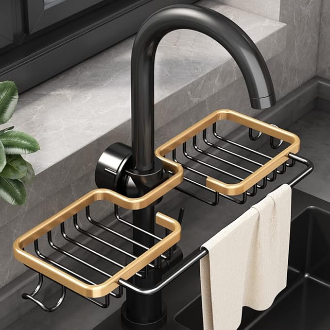 Faucet Sponge Holder Kitchen Sink Caddy Organizer Fit 0.71-1.1 inch Diameter Faucet Hanging Drain Rack for Sink Organizer (Double with Dishcloth Rack, Golden)