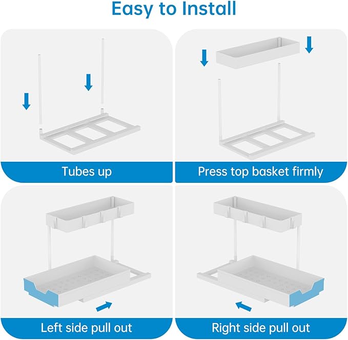 NATURE'S SOURCE Under Sink Organizers, Sliding L-shape Cabinet Organizers Narrow Space Storage Multi-purpose Sink Organizer Baskets with 4 Hook for Bathroom Kitchen Drawer (White, 1 pack)