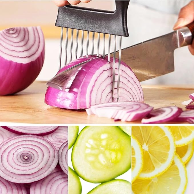 2026 New Onion Holder for Slicing, Stainless Steel Onion Slice Holder Vegetable Slicer Cutter for Potato and Tomato, Kitchen Chopper Slicing Assistant Tool Lemon Slicer Onion Cutter for Slicing (1PC)