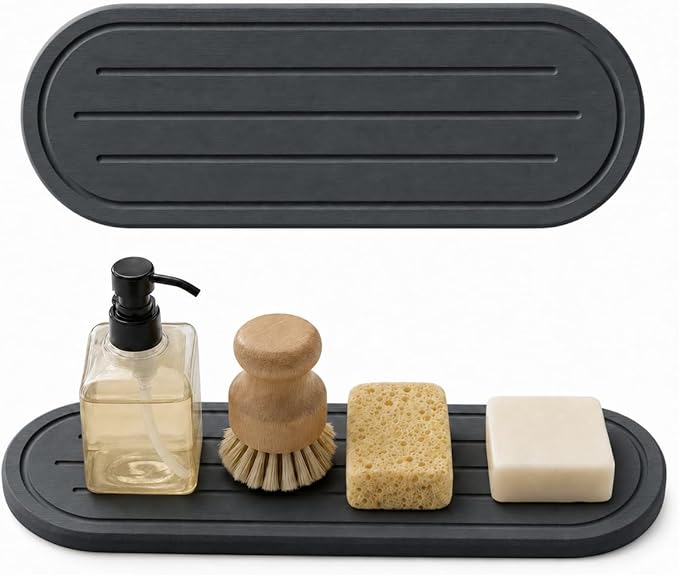 Razborci 2PCS Water Absorbing Stone Drying Tray Mat for Bathroom Sink & Kitchen Counter Faucet Organizer Decor, Quick Dry Dish Soap Dispenser Sponge Holder, Vanity Caddy Coaster,Dark Gray -10"*3.8"