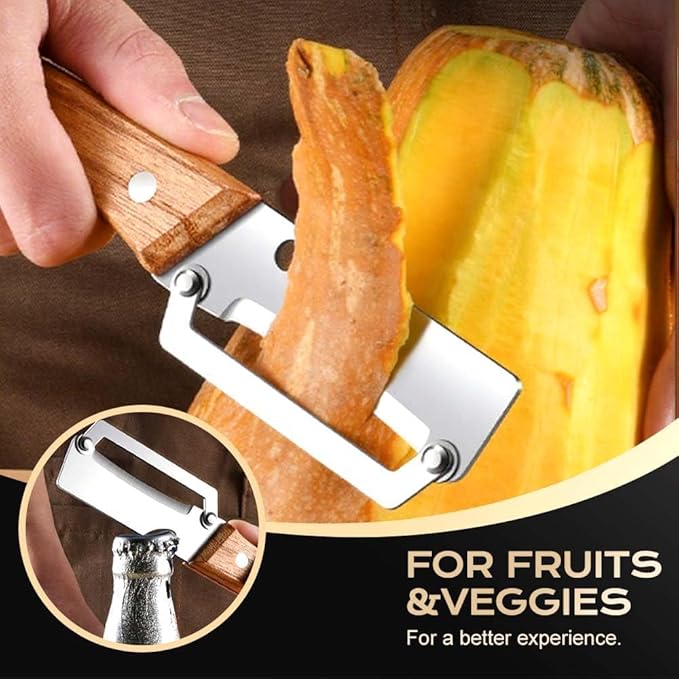 Multifunctional Vegetable Peeler, 2 in 1 Stainless Steel Peeler, Ultra-Sharp Stainless Steel Blade with Wooden Handle and Bottle Opener for Vegetables or Fruits, Kitchen Tool (Wooden+Cute)