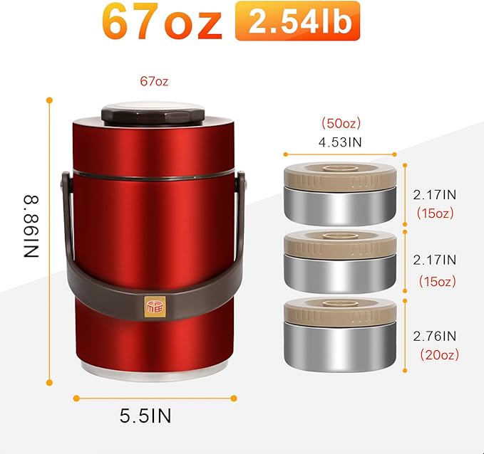 Pawovdeq 67oz Thermo for Hot Food,3-Layer Sealed Stackable Food Thermo,with Lunch Bag Soup Thermo,It Is Suitable for Daily Office Meals and Outdoor Meals (67 oz Red)