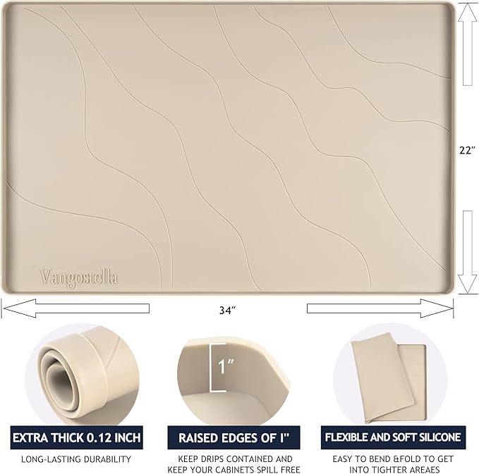 Heavy Duty Silicone Under Sink Mat for Kitchen&Bathroom 25" x 19",Waterproof Under Sink Rubber Mat Drip Tray, Raised Edge Under Sink Liner,Prevent Drips, Leaks, Spills,Beige