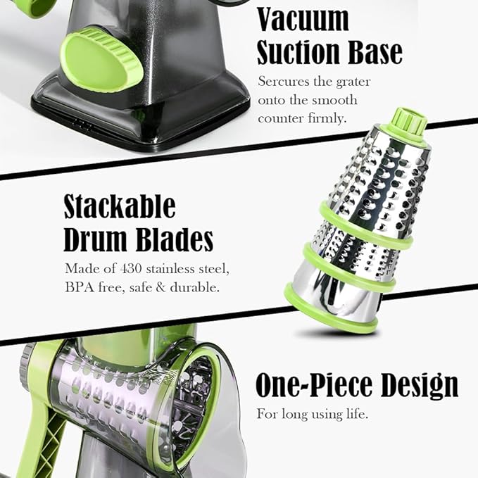 Quick Rotating Cheese Grater, Manual 3-in-1 Vegetable Chopper with Interchangeable Blades and Suction Cup Base (Green)