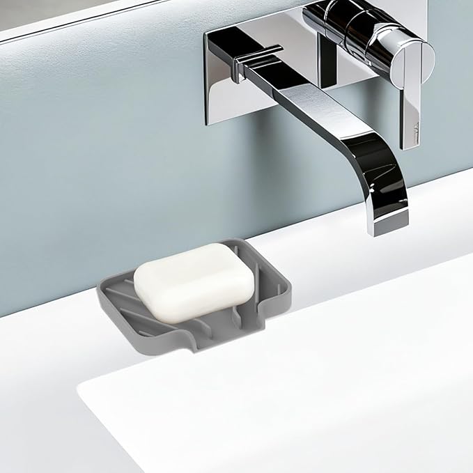 JACZZO Silicone Soap Dish for Shower and Bathroom - Small Bar Soap Holder with Self Draining Spout - Non-Slip Sink Tray Organizer for Kitchen Counter and Narrow Ledge, Gray (3.5" x 5")
