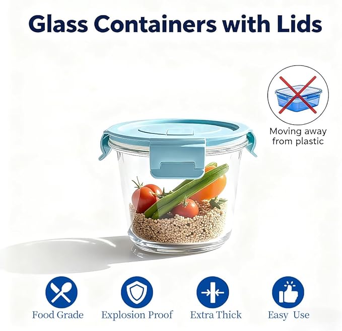 3 Cup Round Glass Food Containers With Airtight Lids, BPA-Free 23oz Round Glass Soup Storage Container Set,Food bowls for Leftover, Microwave, Dishwasher, Fridge and Freezer Safe