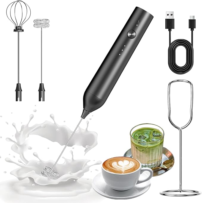 Milk Frother Handheld Rechargeable, Hand Frother with Stand, Drink Mixer Frother Wand Electric Whisk Stirrer for Coffee, Latte, Matcha, Cappuccino, Hot Chocolate, Kitchen Gifts - Black