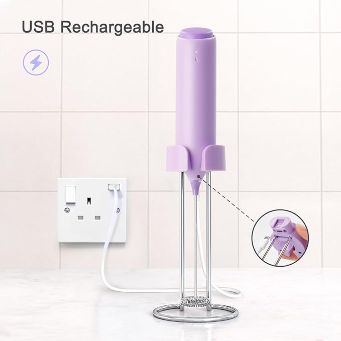Rechargeable Coffee Frother by ELMWAY, Electric Milk Frother with Charging Stand & Wall Mount, Handheld Drink Mixer, Foam Maker for Coffee, Matcha - Purple