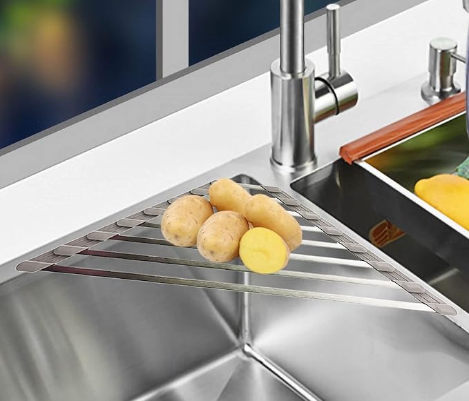 Ahyuan Corner Sink Dish Drainer Over The Sink Dish Drying Rack Corner Dish Rack SUS304 Cubic Stainless Still Kitchen Sponge Holder Corner Sink Sponge Caddy Dish Rack (Light Gray)