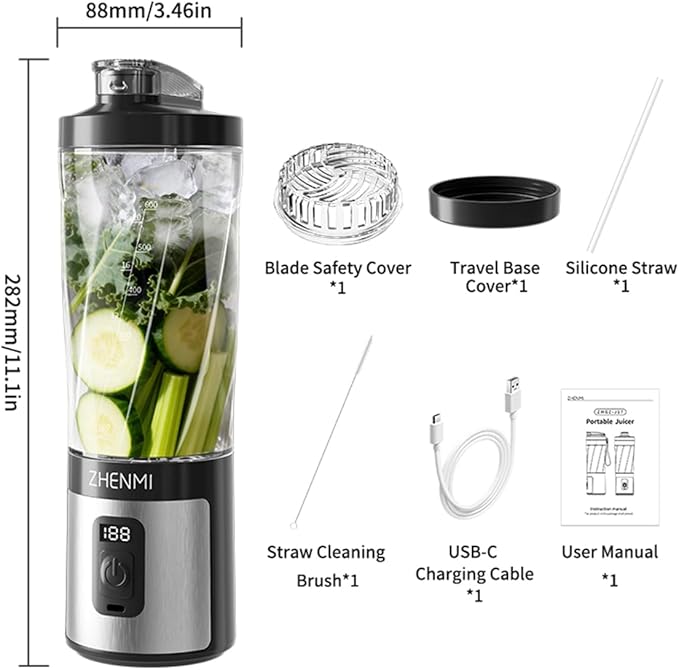Portable Blender, 20OZ Personal Smoothie & Shake Blender, Leakproof Lid with Sip Spout, USB-C Rechargeable, Detachable & Easy-to-Clean, black