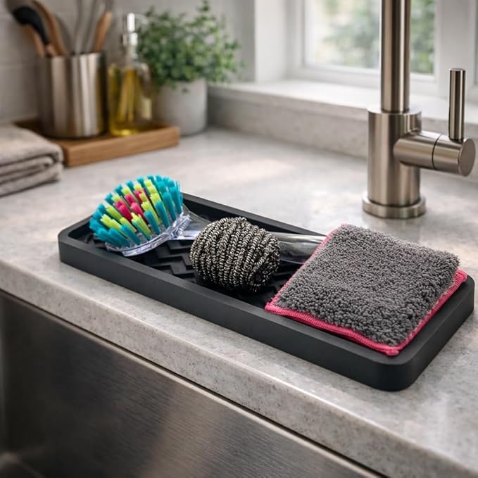 Silicone Sink Organizer Tray, Rectangular, Modern Style, Heat Safe, Dishwasher Safe, for Bathroom and Kitchen Organization Grey, 12"x4", Chevron Pattern