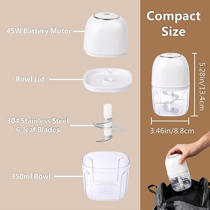 Wireless Food Chopper Mini, 350ml Cordless Food Processor, 1.4Cup Garlic Onion Chopper, Battery USB-C Rechargeable Electric Processor, Veggie Meat Blender, Small Kitchen Appliance Portable Mixer,White