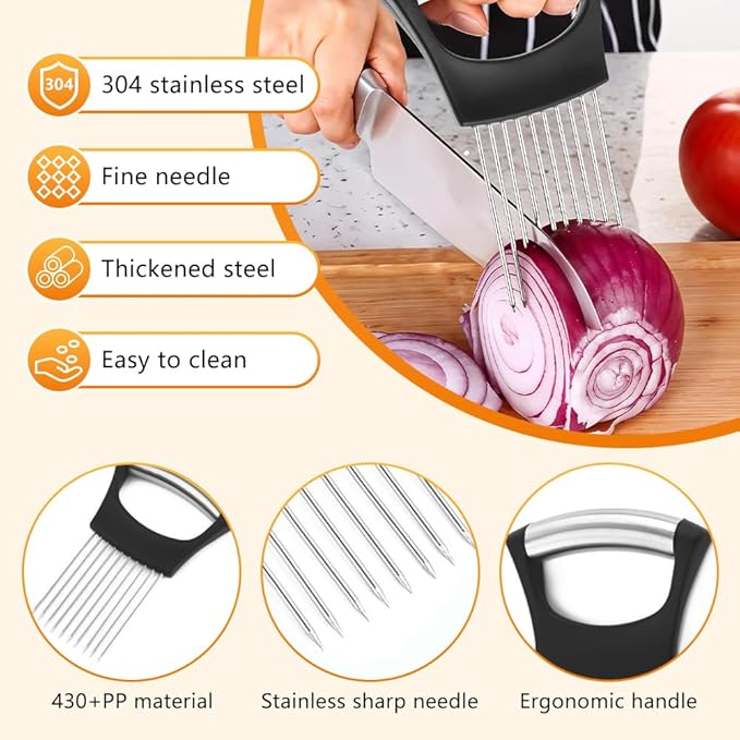 Onion Holder for Slicing, Stainless Steel Onion Slice Holder, Lemon Slicer Vegetable Cutter, Chopper Slicing Assistant for Meat, Onion, Potato, Tomato - Kitchen Tool (1 Piece)