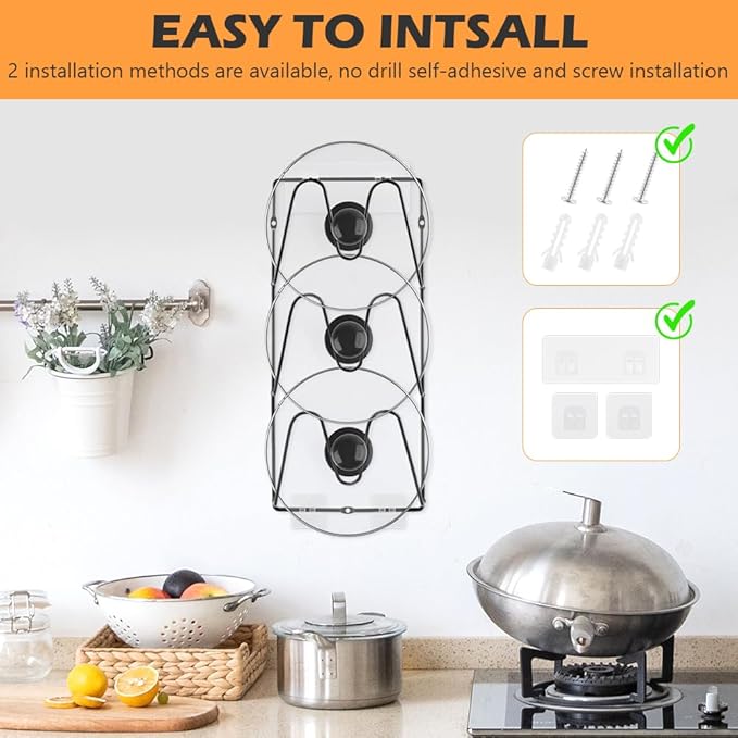 2 Pack Pot Lid Organizer for Cabinet Door, 3 Tier Wall Mount Lid Holder Rack, Adhesive No Drill or Screw Install, Iron Storage for Lids Baking Sheets Cutting Boards, Black