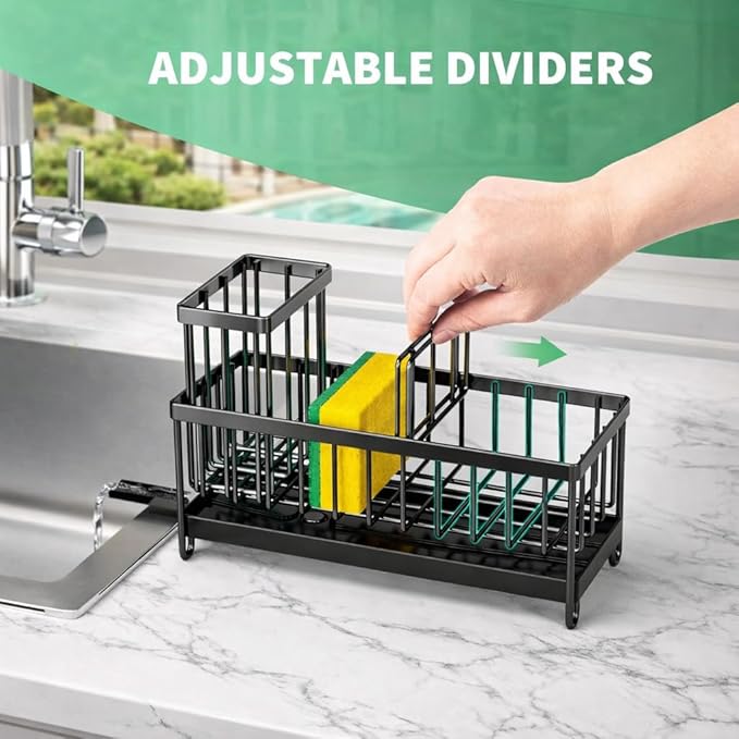 Success Goods Kitchen Sink Caddy Organizer – Stainless Steel Sponge Holder with Brush Holder, Countertop Dish Soap Rack, Black