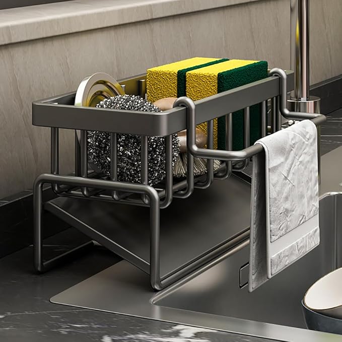 Sink Caddy Kitchen Sink Organizer, Sponge Holder for Kitchen Countertop for Dish Brush Gloves, Dish Cloth Hanger, Rustproof Kitchen Caddy with Drip Tray (Grey)