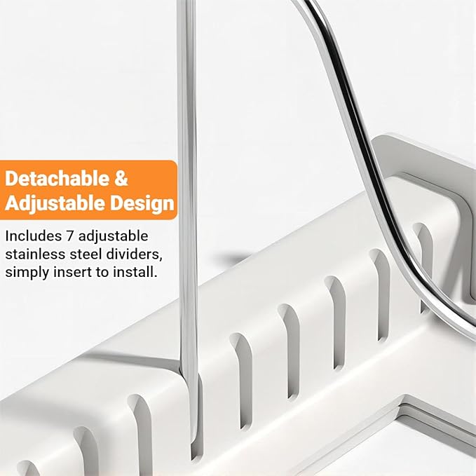 Sylfaen Expandable Pots and Pans Organizer Rack Under Cabinet, Pot Lid Holder with 7 Adjustable Dividers, Pan Organizers Inside Cabinet for Kitchen Storage Cookie Sheets Bakeware Cutting Board, White
