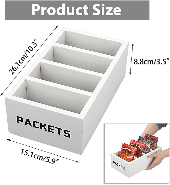 BSTKEY Seasoning Packet Organizer, Food Packet Storage Organizer with 4 Compartments, White Wooden Storage Caddy for Kitchen Pantry Cabinet, Farmhouse Kitchen Organization Bins for Snack Spice Packets