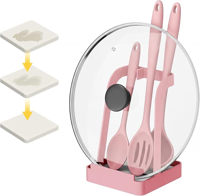 NiHome Kitchen Utensil Holder for Pot Lids & Spoons Pink Kitchen Accessories with White Diatomite Drip Tray, Non-Slip Base, Metal Cooking Spoon Rest, 3.9"x3.9"x6" Countertop Organizer (Pink)