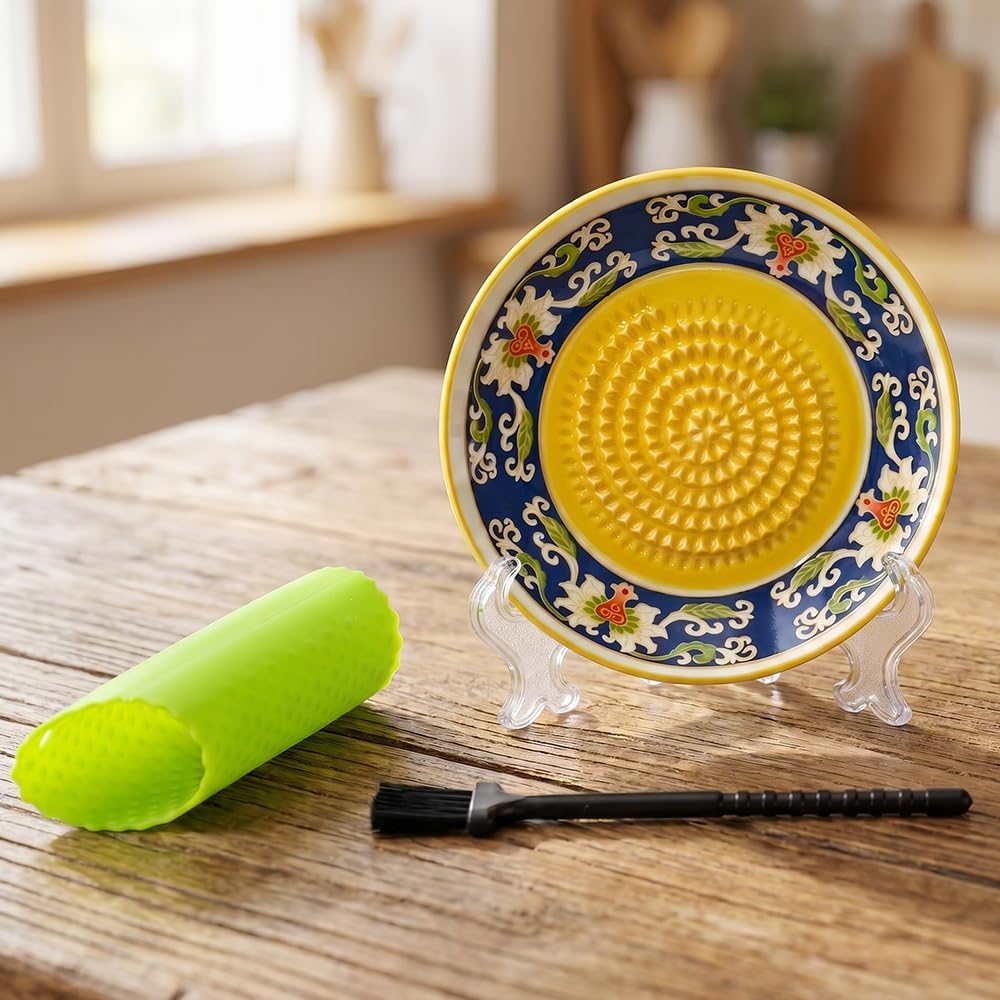 Grater Plate Bowl, 4PCS Ceramic Grater Set, Handmade Pottery Grinding Bowl with 4.6" Plate, Peeler, Brush & Stand, for Garlic Ginger Cheese Tomato, Home Kitchen Gift (#I)