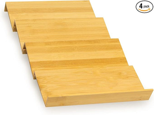 WodGod Bamboo Spice Rack For Drawer,4Pcs Tier Stackable Seasoning Storage Organizer Insert,for Kitchen Condiments Storage Insert(Jars Not Included,Combined Size:18.9" D x 9.5" W x 1.8" H