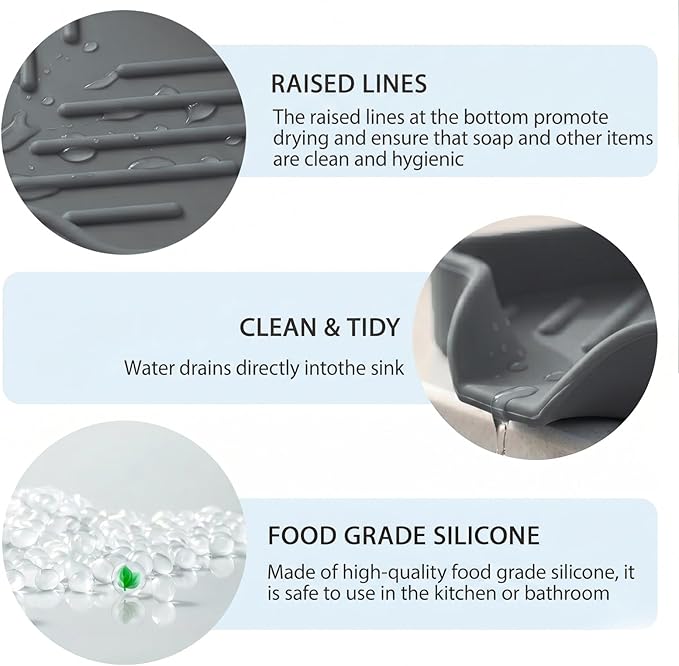 MicoYang Silicone Soap Dish with Drain Spout, Self-Draining Sink Organizer Tray for Bathroom and Kitchen, Sponges, Dispensers and Soap Holder, Non-Slip and Dishwasher Safe, Grey (Compact, 4.9"×3.2")