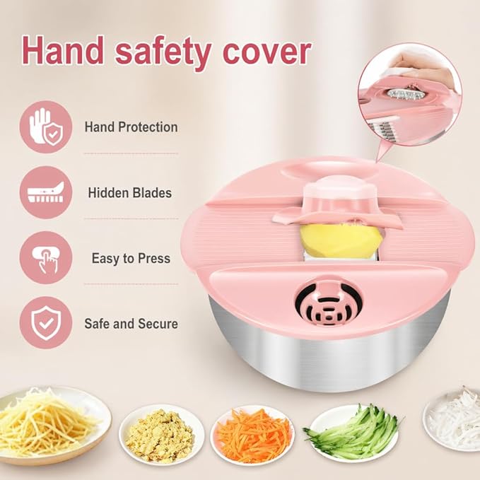 Stainless Steel Salad Spinner Large with 5 Blades Slicer, Lettuce Washer Spinner and Dryer, Vegetable Fruits Chopper Bowl, Egg Yolk Strainer, 5.3Qt Pink