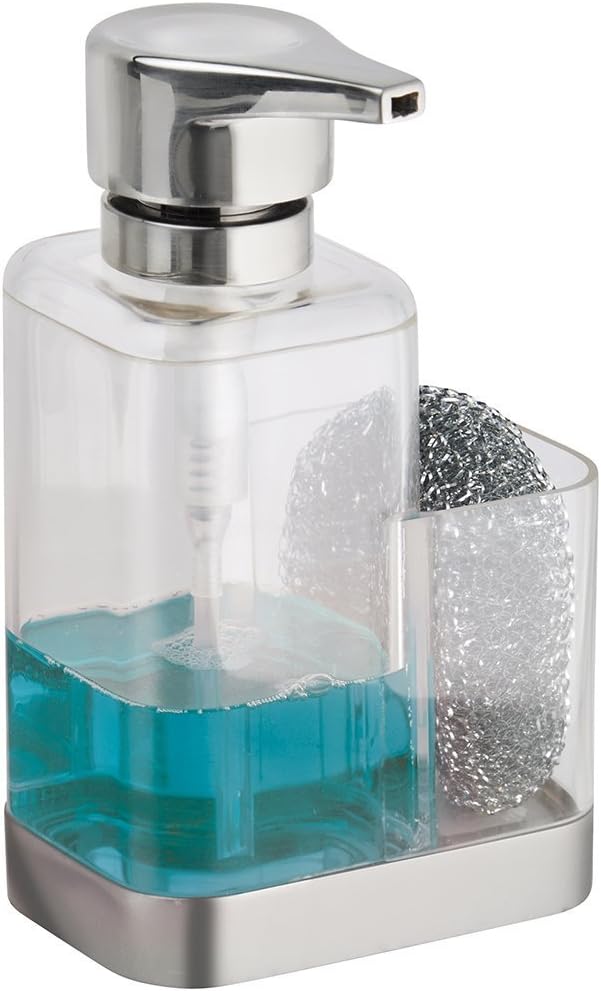 Modern Plastic Kitchen Sink Countertop Liquid Hand Soap Dispenser Pump Bottle Caddy with Storage Compartment - Holds and Stores Sponges, Scrubbers and Brushes - Clear/Brushed