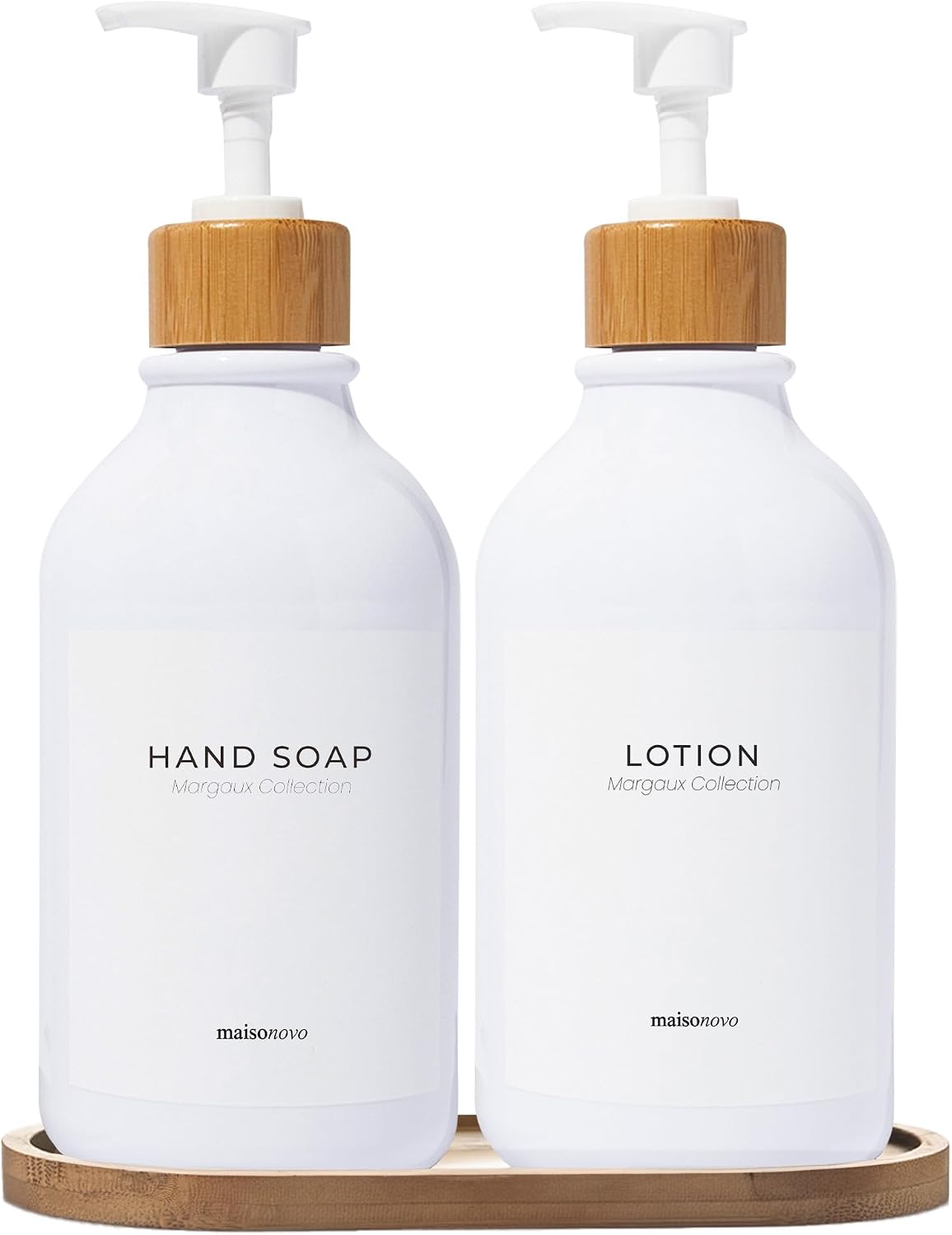 Soap Dispenser Bathroom Set of 2-16.9 oz Bathroom Soap Dispenser Set - White Plastic Bottles x 2 with White Bamboo Pumps & Tray