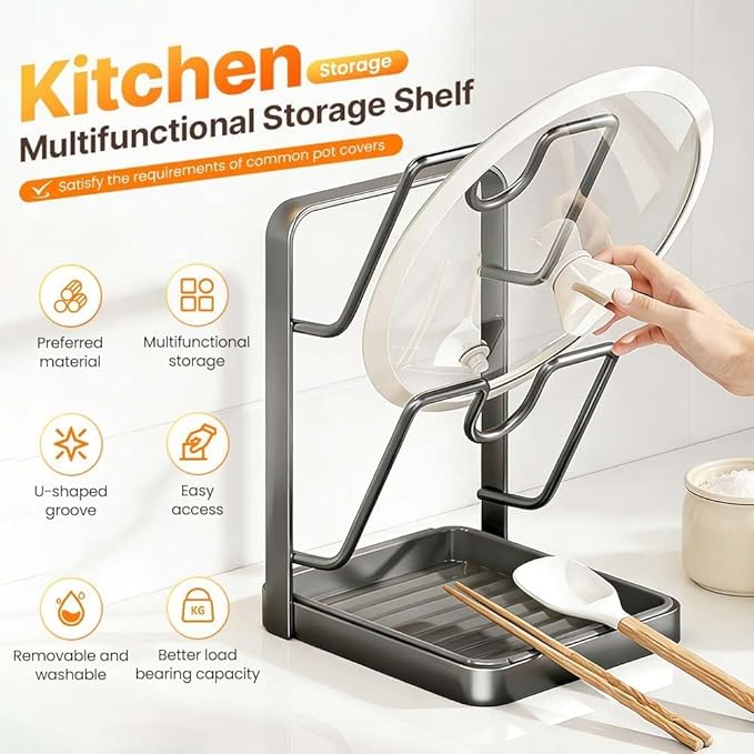 Space-Saving Pot Lid Holder & Spoon Rest - 3-in-1 Organizer with Drip Tray, Keeps Countertops Clear While Cooking (Multifunctional Kitchen Rack)