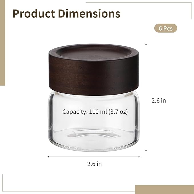6 Pack Glass Spice Jars, Small Glass Canisters with Wooden Lids, 3.7 oz Stackable Airtight Glass Jars for Spices Snacks Overnight Oats, Clear Storage Containers for Pantry Shelves Kitchen