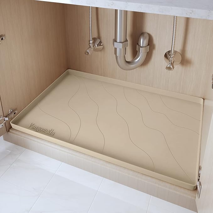 Heavy Duty Silicone Under Sink Mats for Kitchen Waterproof 40" x 22", Extra Thick Under Sink Rubber Mat Drip Tray, Raised Edge Under Sink Liner,Prevent Drips, Leaks, Spills,Beige