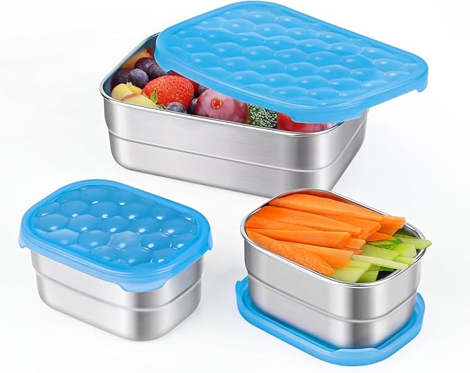 Tanjiae Small Stainless Steel Lunch Containers for Kids | Leak Proof Snack Containers with 100% Pure Silicone Lids - Perfect Metal Lunch Box with Lids for School and Daycare (25oz+8oz*2)