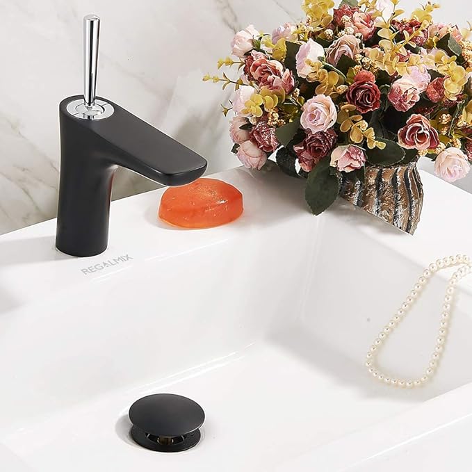 REGALMIX Pop Up Drain, Bathroom Faucet Vessel Vanity Sink Drain Stopper, Built-in Anti-Clogging Strainer, Without Overflow Matt Black,Fits Standard American Drain Hole(1-1/2" to 1-3/4") RWF082G