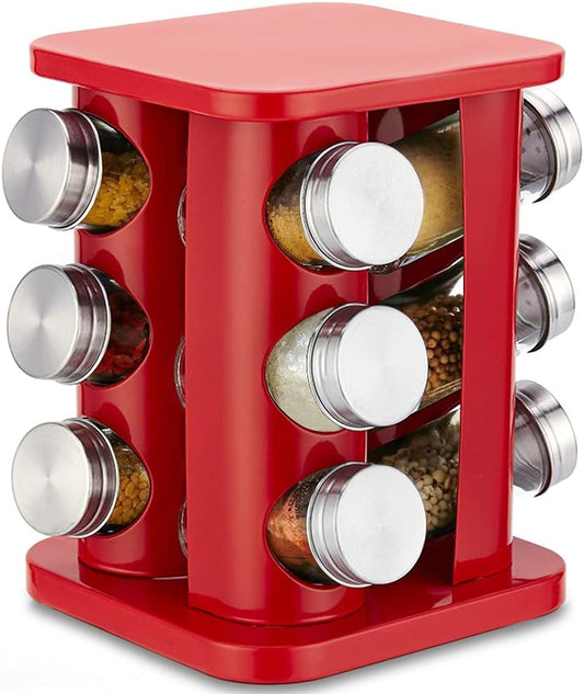 Revolving Spice Rack Organizer with 12 Jars, Countertop Spice Seasoning Rack Tower with 12 Glass Jar Bottles Refillable for Kitchen Cabinet, Stainless Steel, Red