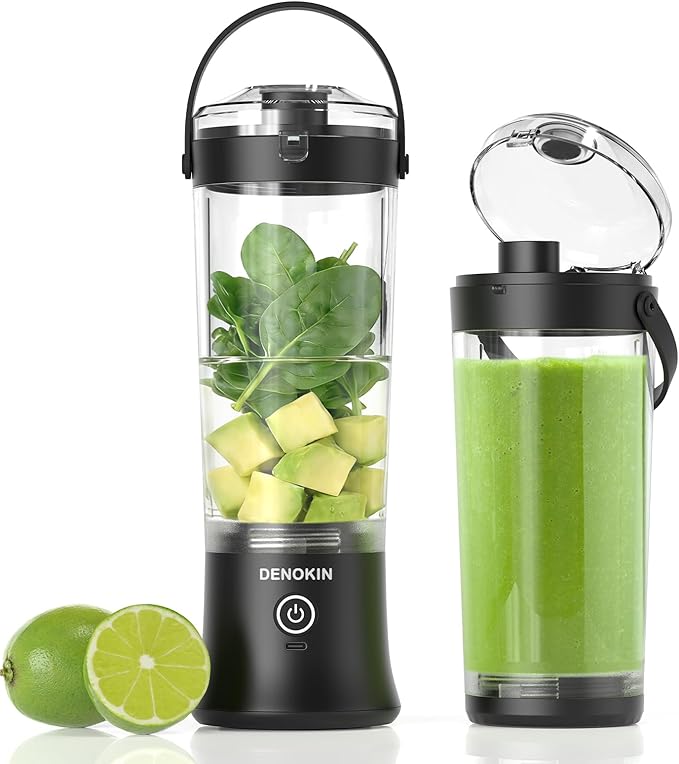 DENOKIN Portable Blender with Drinking Lid, 16oz, Cordless Blender for On-the-Go, Rechargeable via USB-C, Black
