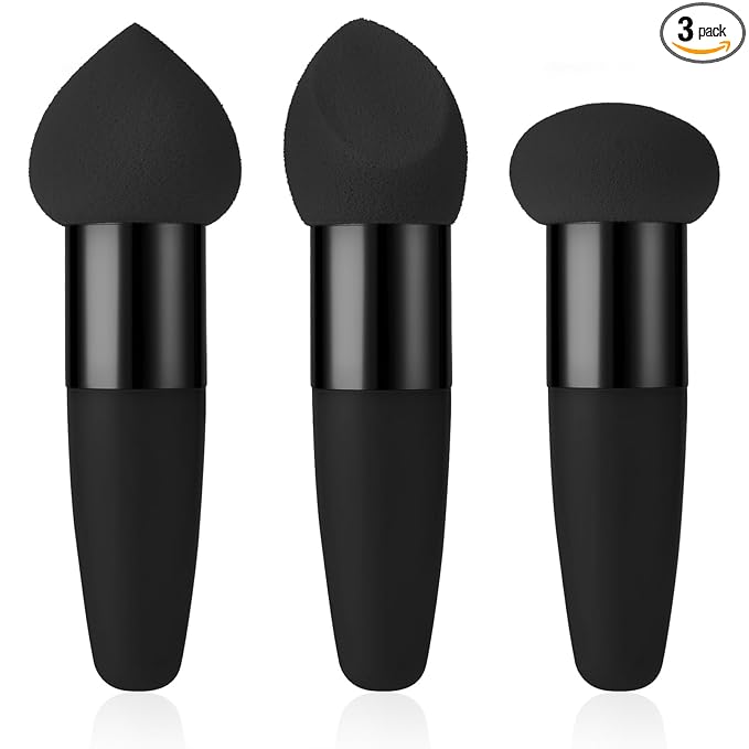 Sibba 3Pcs Mini Makeup Sponge Set Foundation Concealer Blending Puff with Angled Brush Applicator Handle, Portable Packaging for Face, Eyebrow, and Powder Application(black)