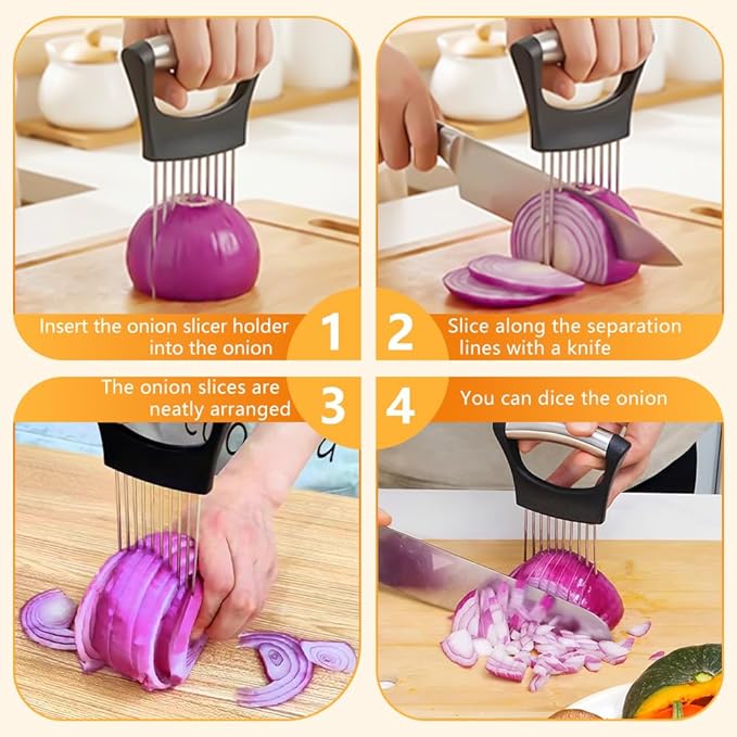 Onion Holder for Slicing, Stainless Steel Onion Slice Holder, Lemon Slicer Vegetable Cutter, Chopper Slicing Assistant for Meat, Onion, Potato, Tomato - Kitchen Tool (1 Piece)
