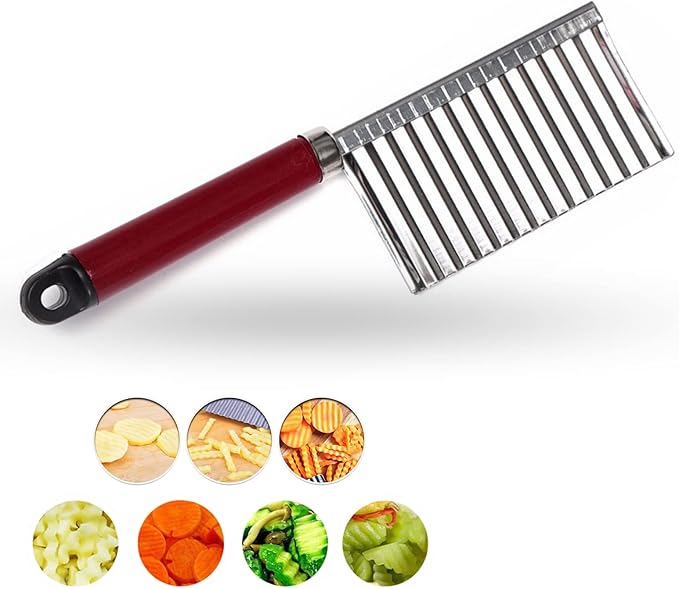 Crinkle Cutter Knife Stainless Steel Cutting Tool for Potato Carrot Chip Vegetable French Fry, Wavy Chopper Wave Slicer Steel Blade, Kids Lunch Accessories (Longer Red Handle)