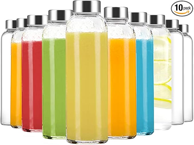 Luxfuel 24 oz Clear Glass Juice Bottles with Lids, Reusable Refillable Water Bottles for Juicing,Refrigerator,100% Leak Proof, BPA Free, Juice Water Bottle Set of 10