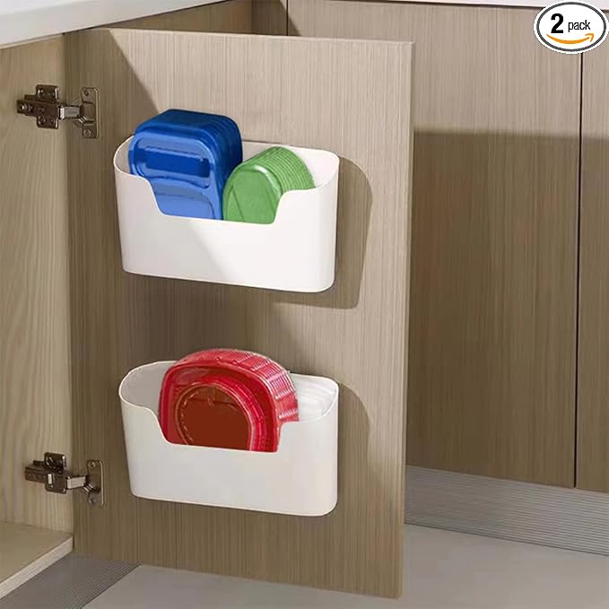 Bawuie Adhesive Cabinet Door Organizer, Lid Organizer for Food Storage Container Lid, Wall Mounted Over Pantry Door Organizer Bin Holder Caddy for Plastic Lid Kitchen Bathroom, White, 2 Pack