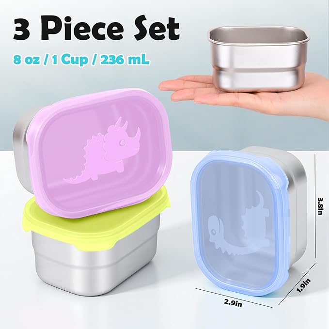 Tanjiae 3×8oz Small Stainless Steel Snack Containers - 230mL Leakproof Food Containers with Cute Dino Lids | LFGB Certified, Stackable Metal Snack Box for Home, Office, Travel