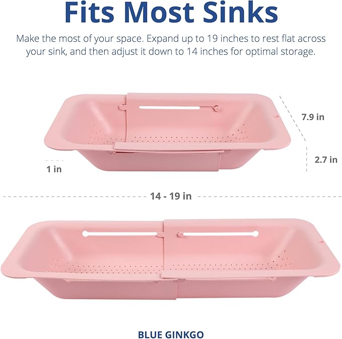 BLUE GINKGO Over the Sink Colander Strainer Basket - Wash Vegetables and Fruits, Drain Cooked Pasta and Dry Dishes - Extendable - New Home Kitchen Essentials (Pink, 1 Pack)