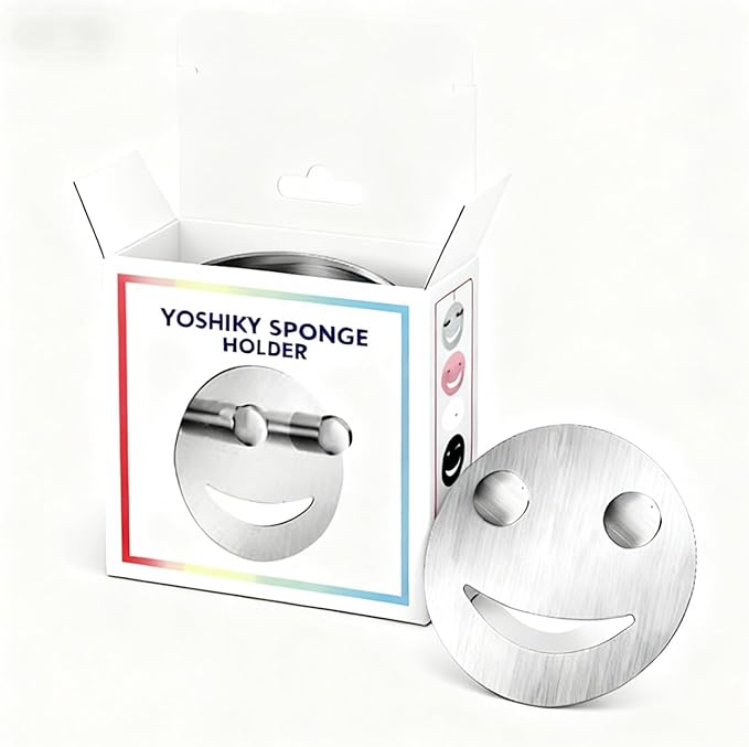 Yoshiky Stainless Steel Smiley Face Dish Sponge Holder, Silver Sink Caddy Organizer Storage with Suction Cup for Kitchen, Kitchen Sink Accessories Decor Scrubber Holder with Gift Box