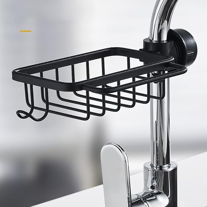 Kitchen Faucet Sponge Holder Sink Caddy Organizer Over Faucet Hanging Faucet Drain Rack for Sink Organizer (Black-Upgraded)