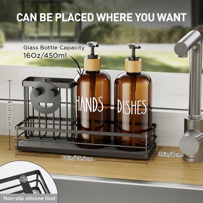 Moforoco Kitchen Dish Soap Dispenser Set, 16OZ Glass Bottle, Hand and Dish Soap Dispenser Set, Instant Dry Tray, Brush Holder with Smiley Face Sponge Holder (Black Tray+Amber Bottle)